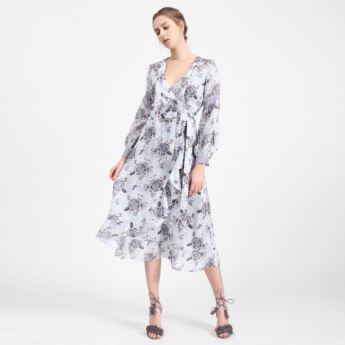 Robe cache-coeur midi à imprimé floral