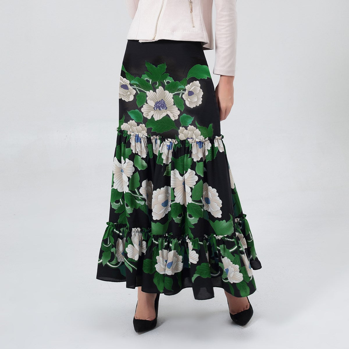 Longue jupe imprimé floral et à larges volants