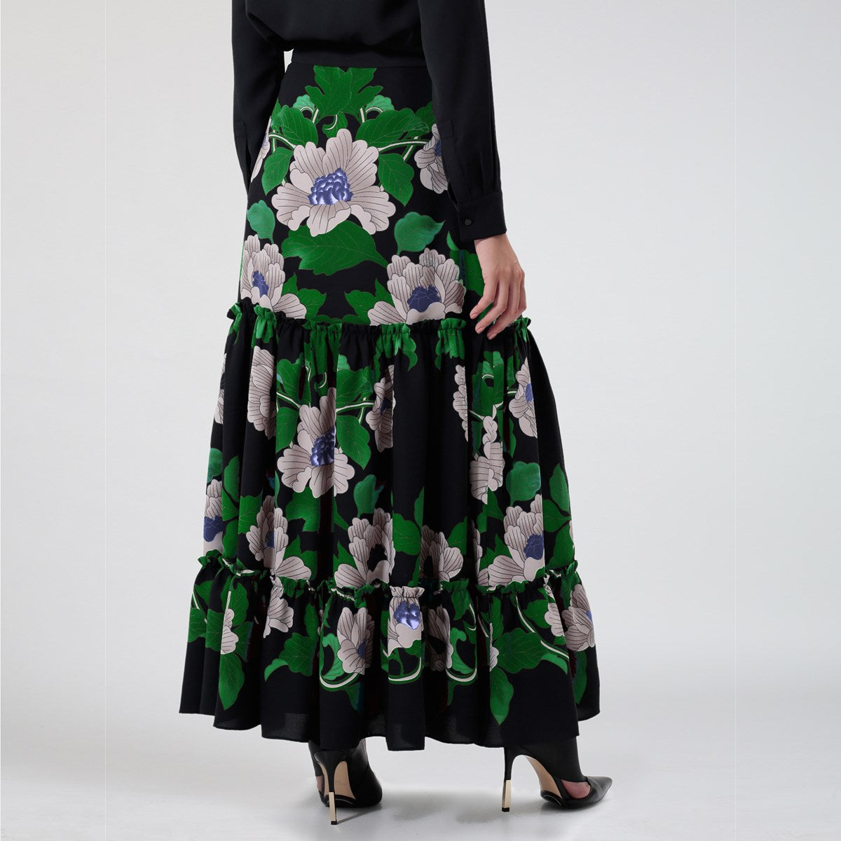 Longue jupe imprimé floral et à larges volants