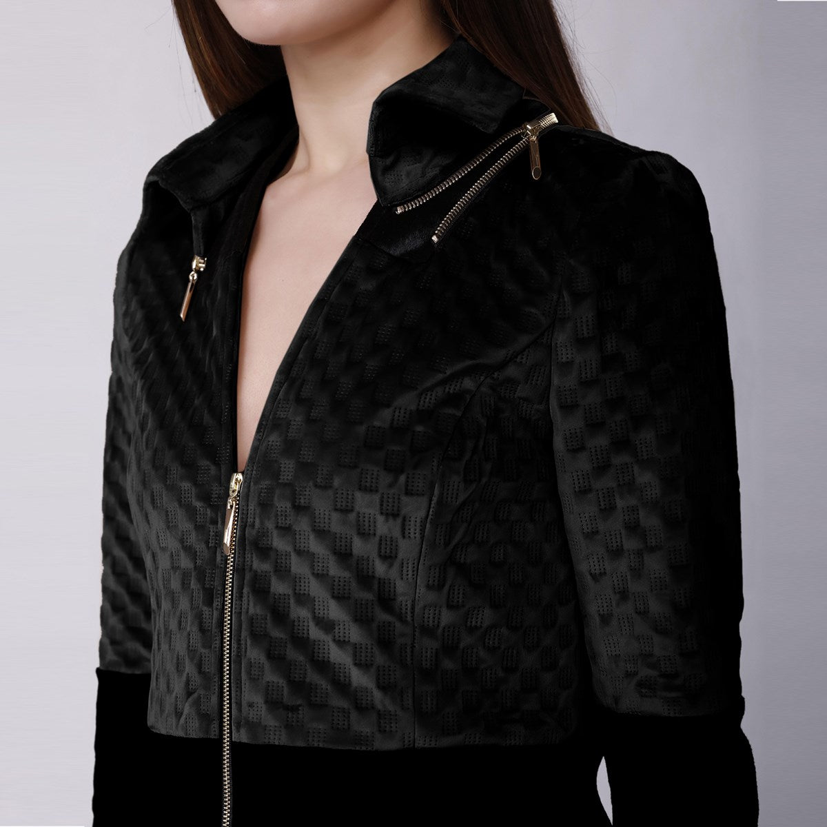 Veste zippée bi-matière velours texturé et faux crin