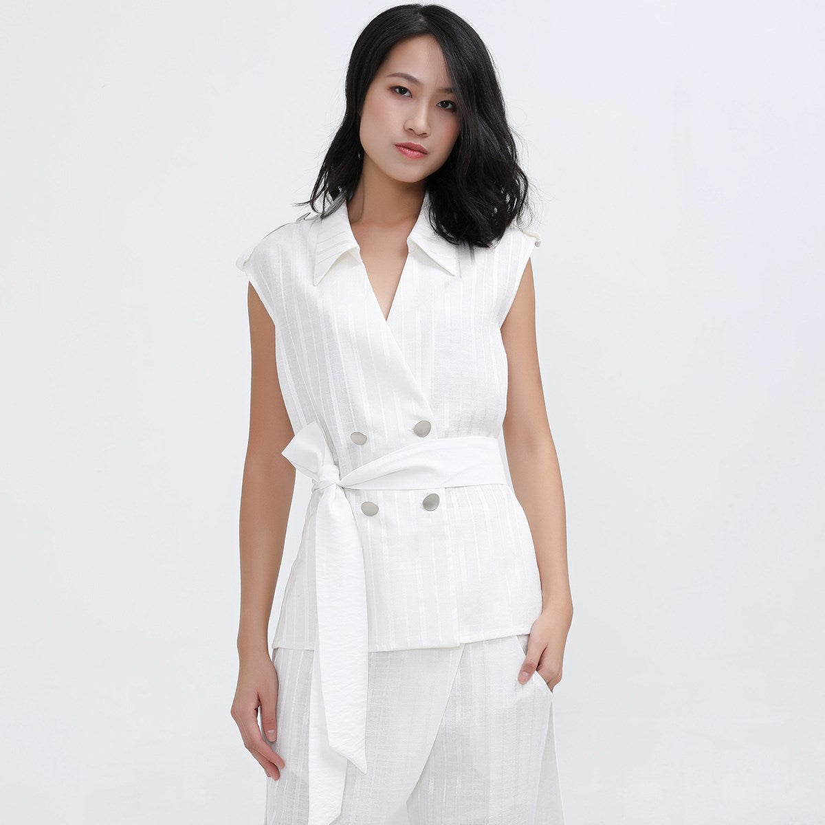 Gilet tailleur bi-matière croisée