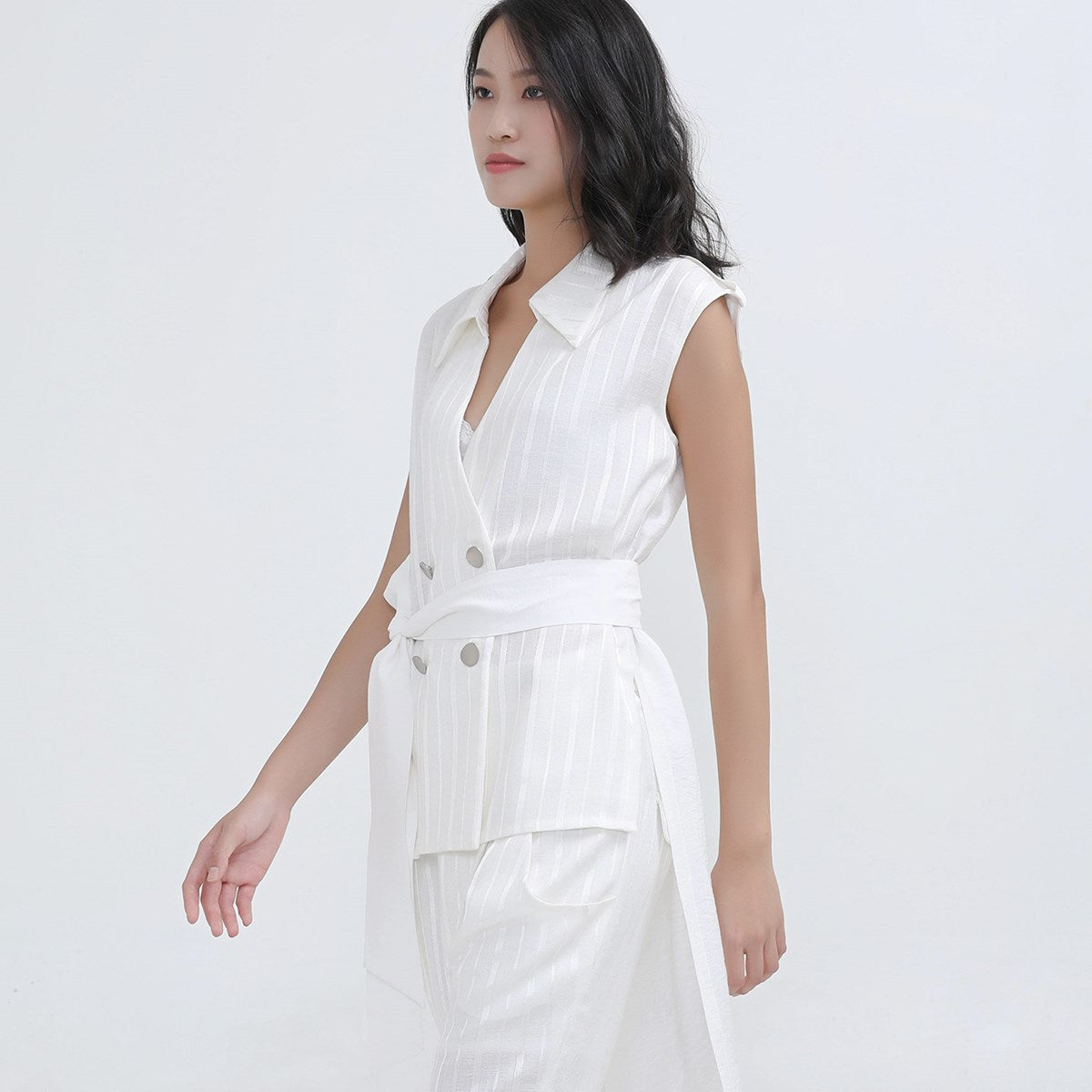 Gilet tailleur bi-matière croisée