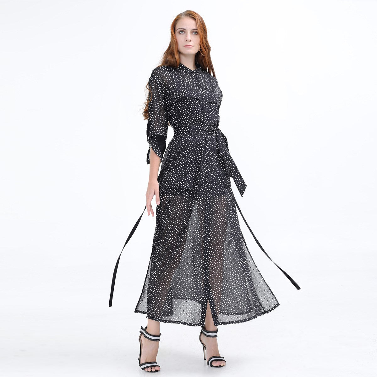 Robe-chemise longue en mousseline à pois