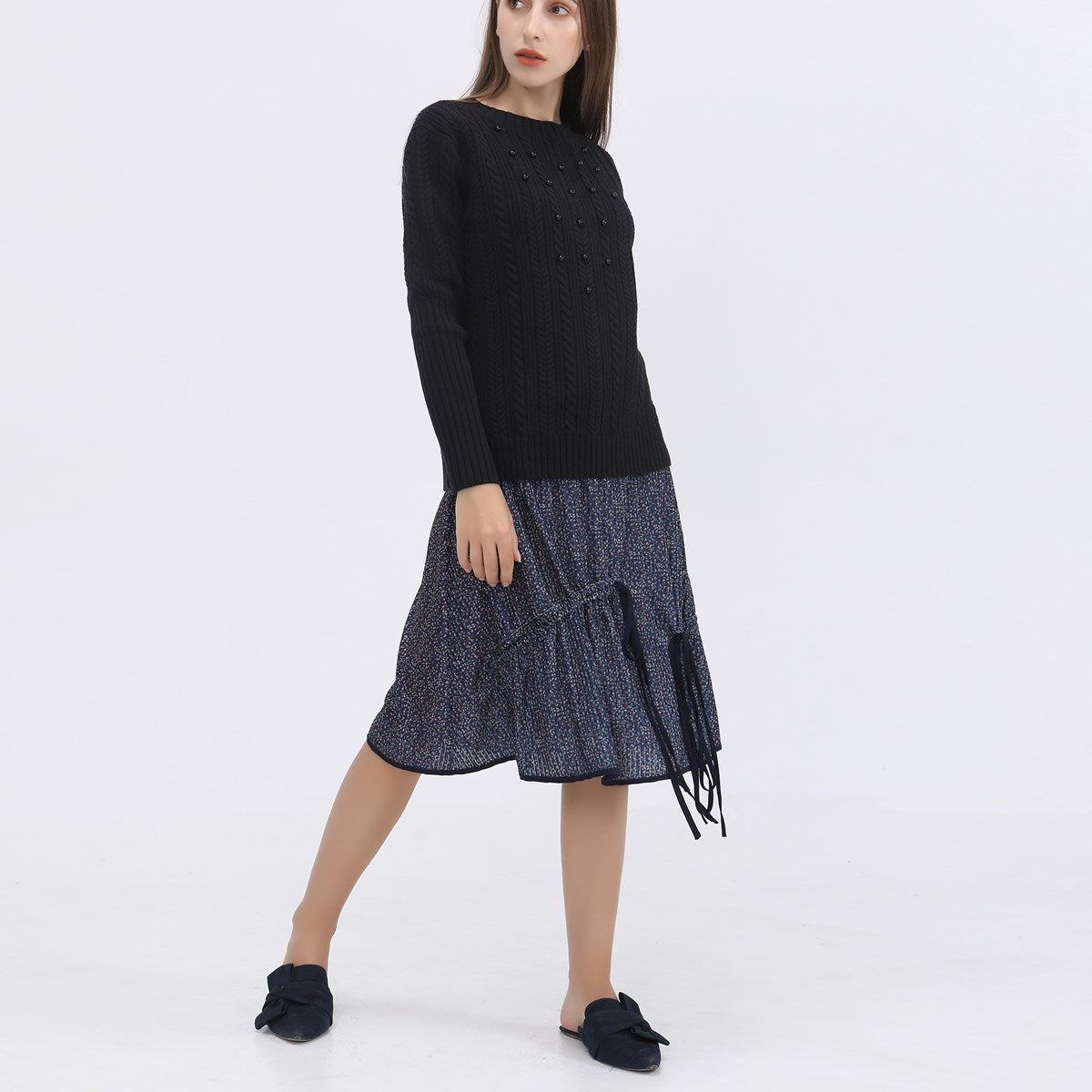 Jupe trapèze en velours à imprimé liberty et biais satin