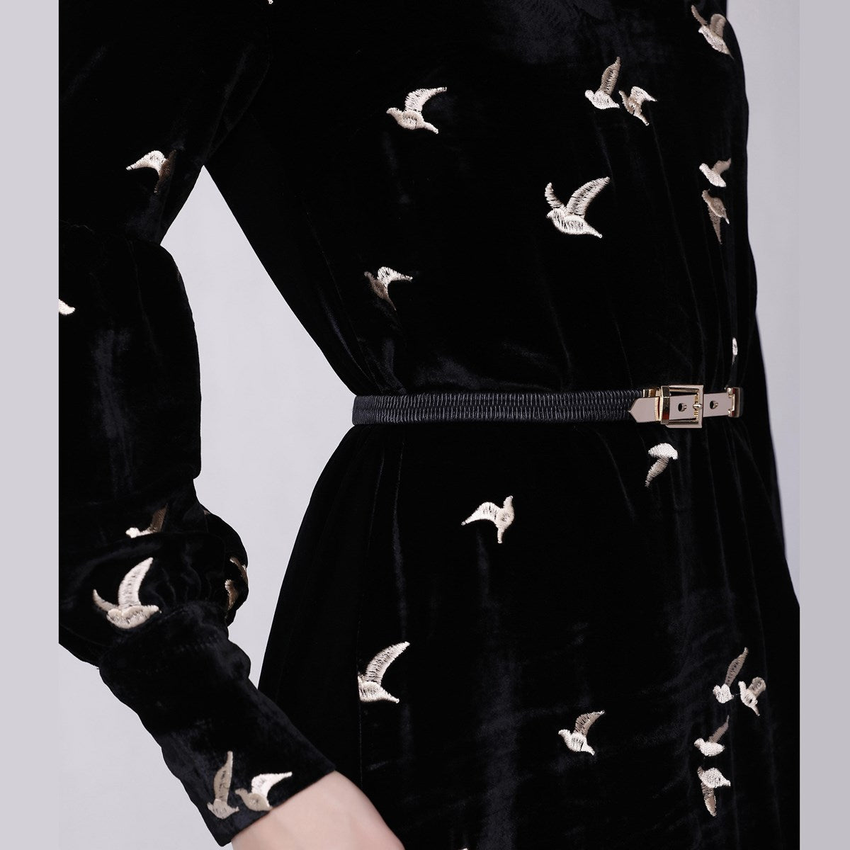 Robe à col en V en velours à broderies dorées