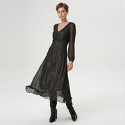 Robe midi en voile effet doré et dévolleté V