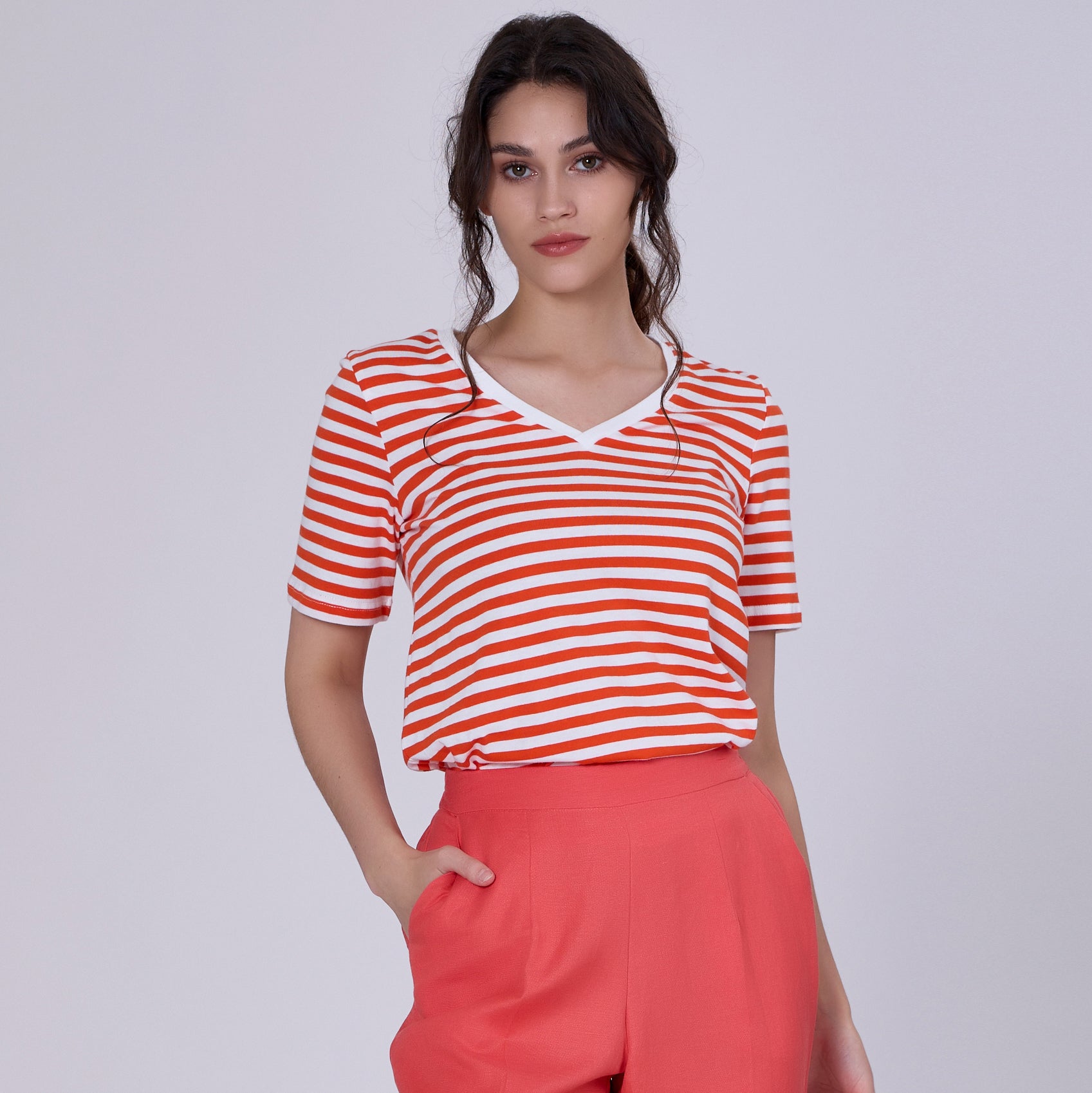 T-shirt marinière col V en coton