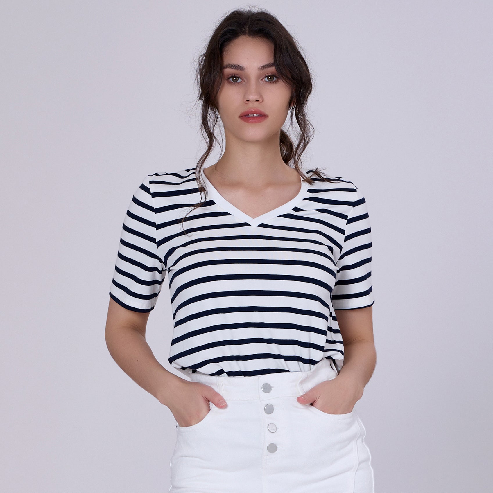 T-shirt marinière col V en coton