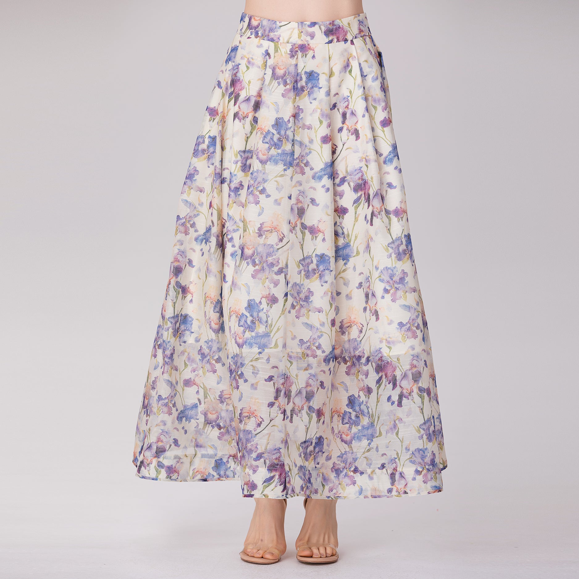 Longue jupe organza à motif floral
