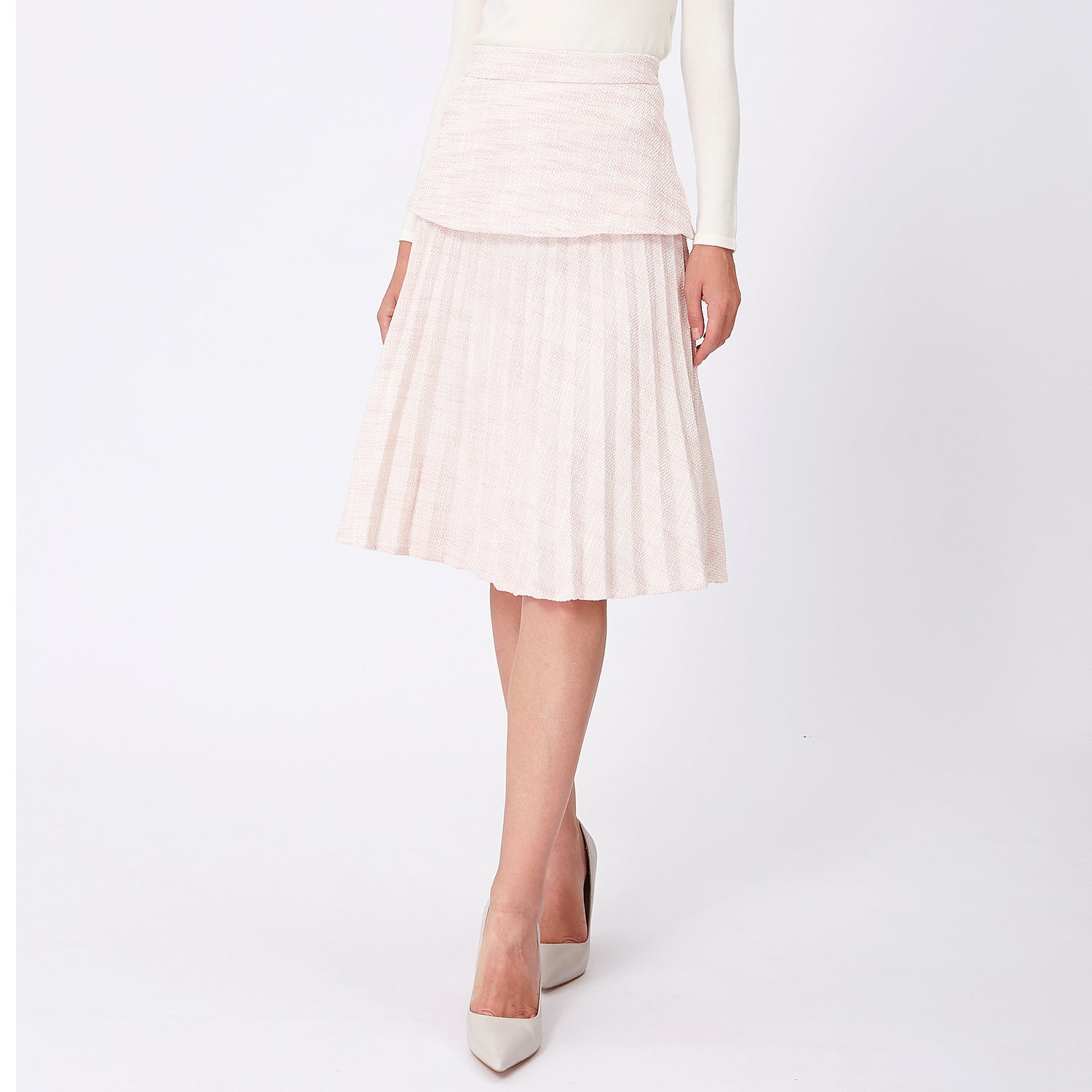 Jupe midi plissée en tweed à deux niveaux