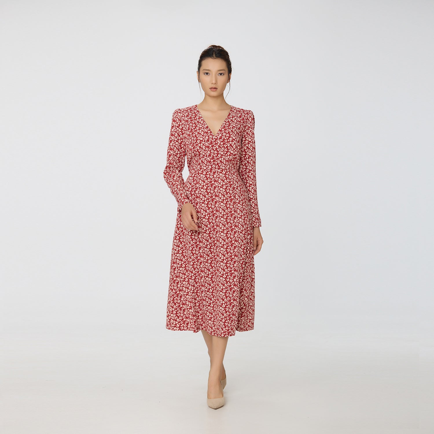 Robe col V à imprimé Liberty monochrome