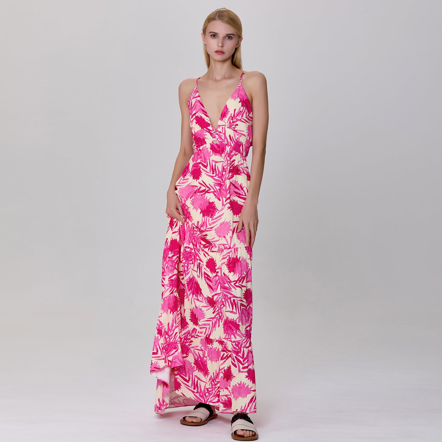 Robe longue à bretelles à imprimé monochrome