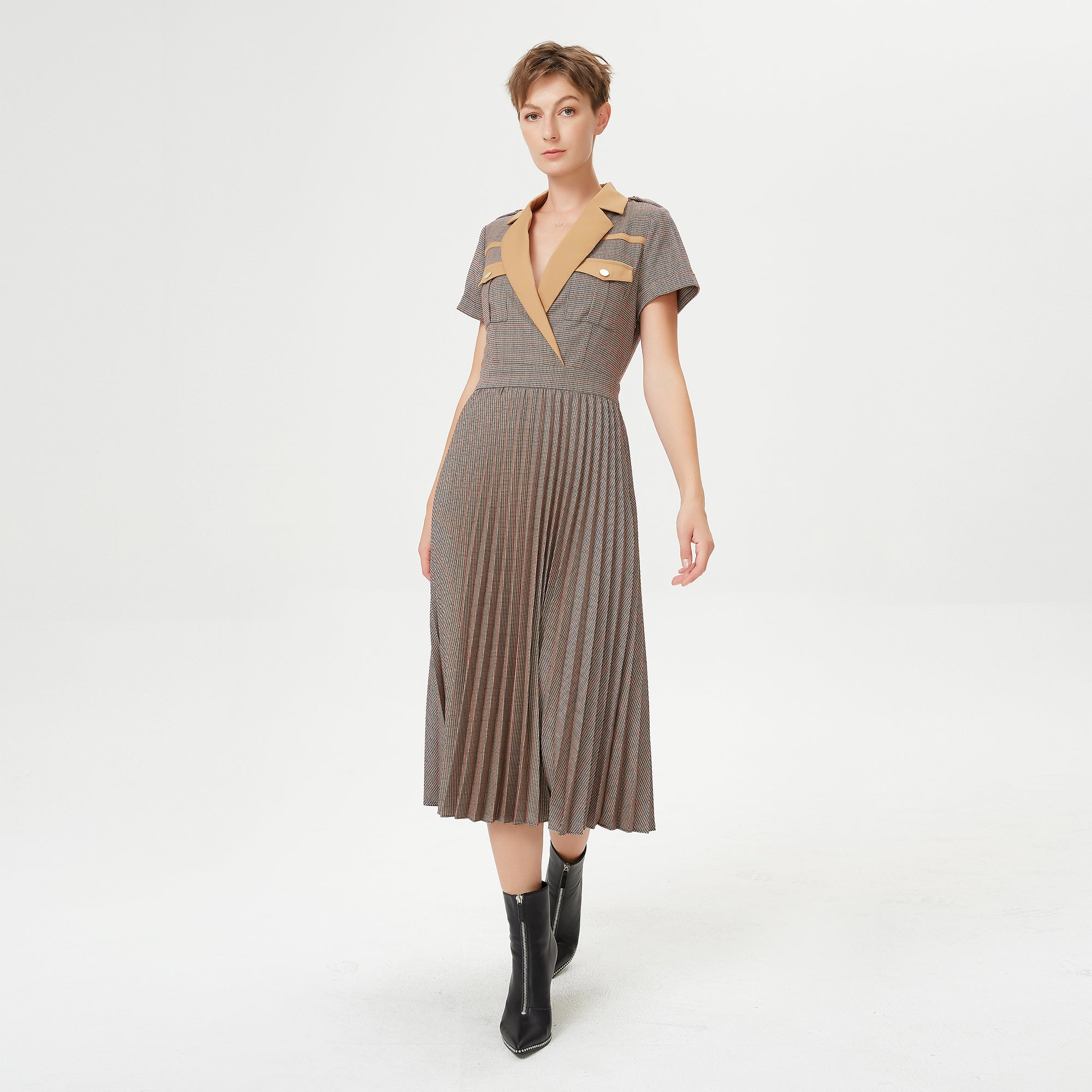 Robe plissée à motif Prince de Galles