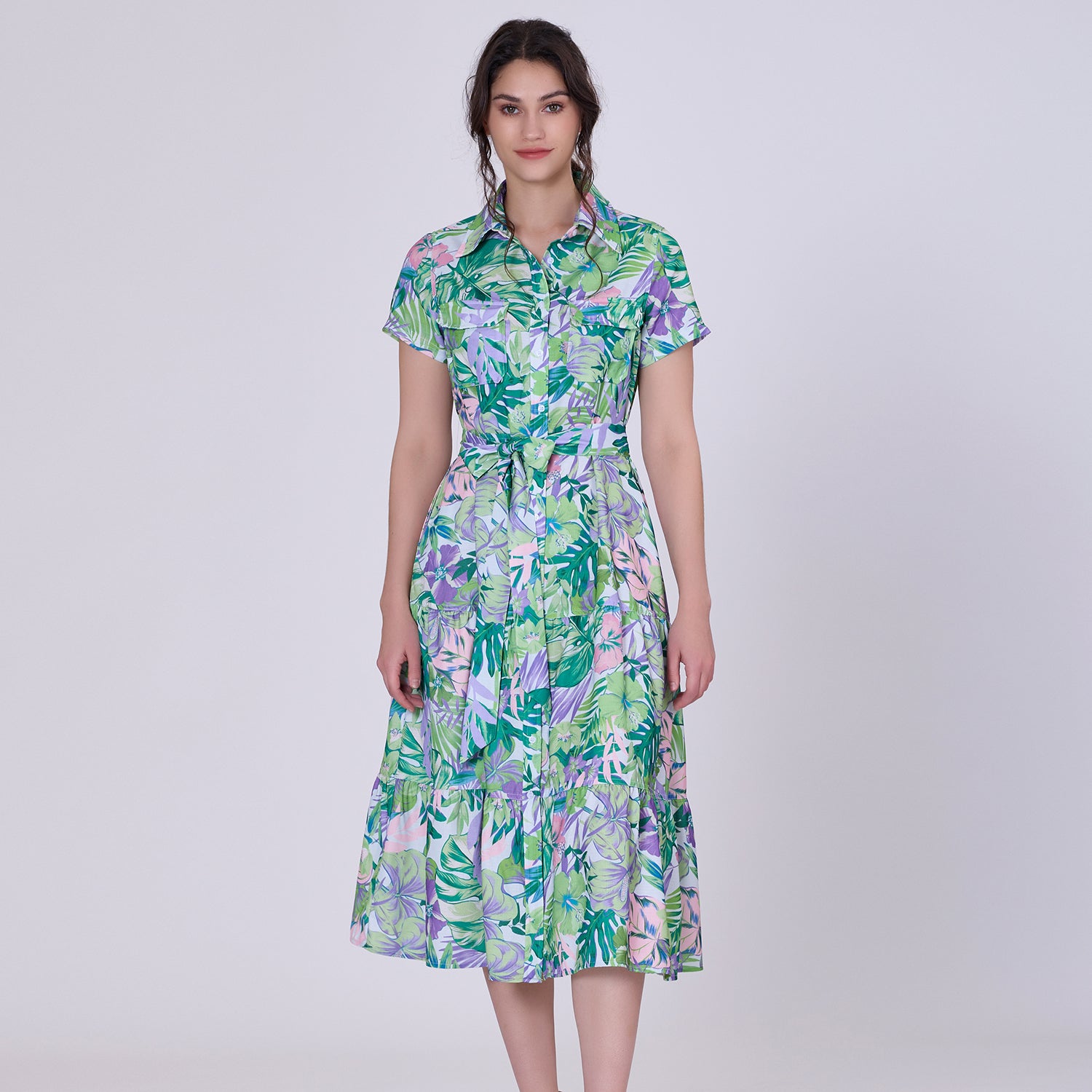 Robe-chemise midi au motif tropical