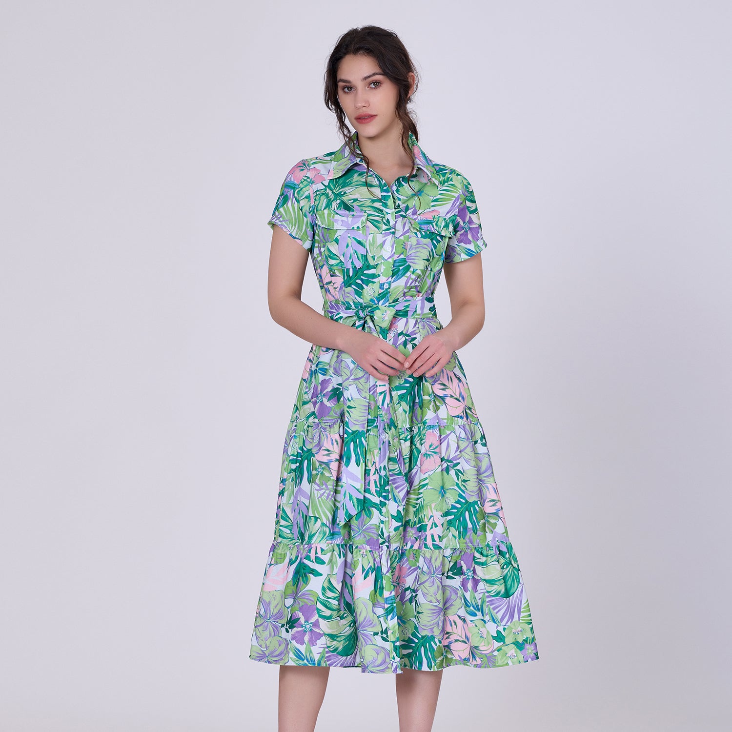 Robe-chemise midi au motif tropical