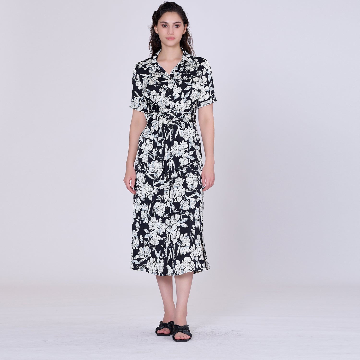 Robe-chemise midi à imprimé floral macro