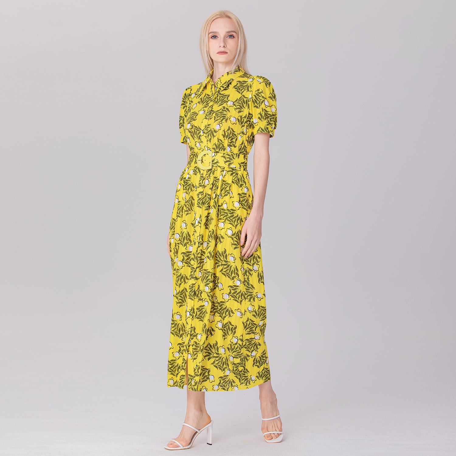 Robe-chemise midi à imprimé monochrome