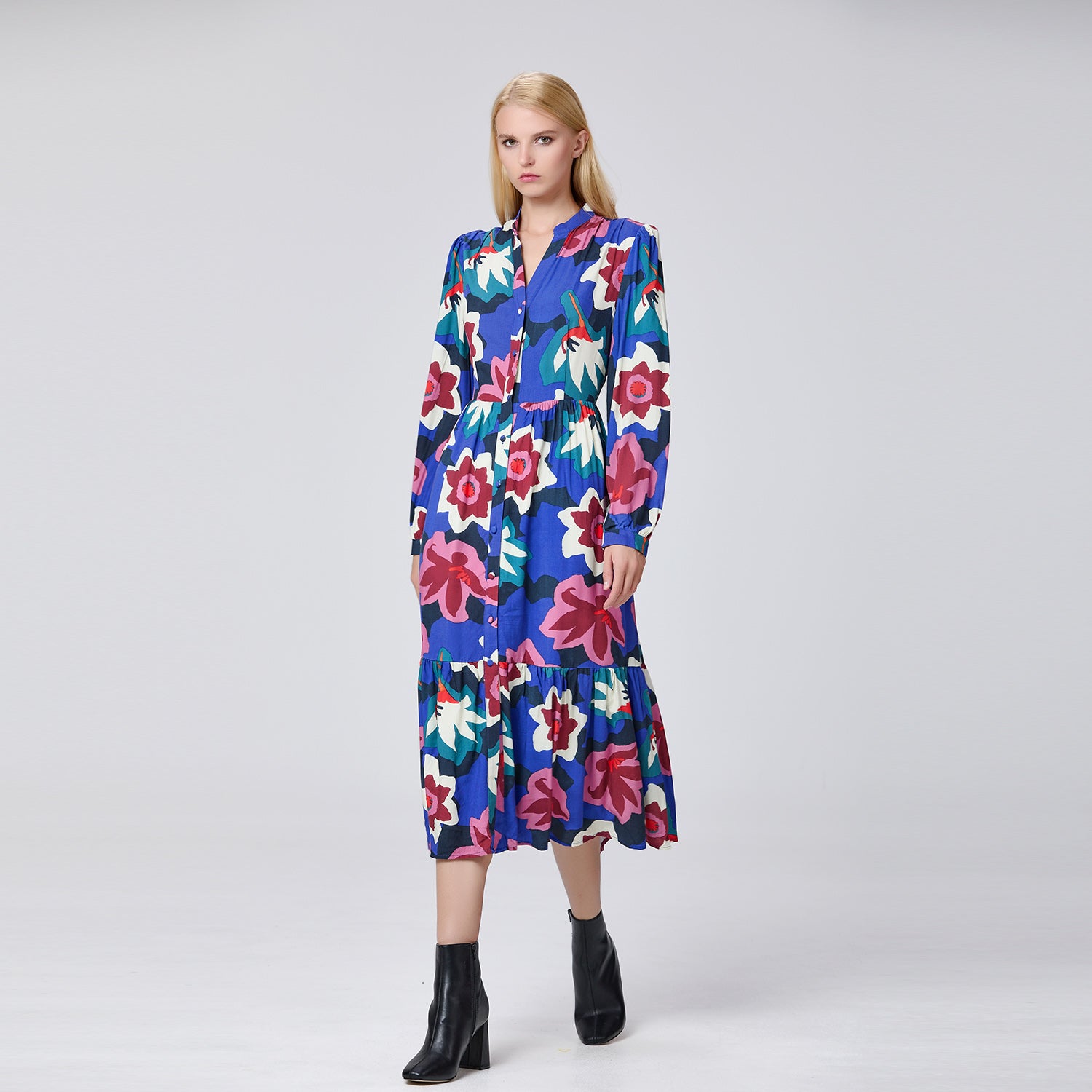 Robe chemise longue avec imprimé floral macro