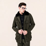 Coat in mixed materials with detachable fur collar