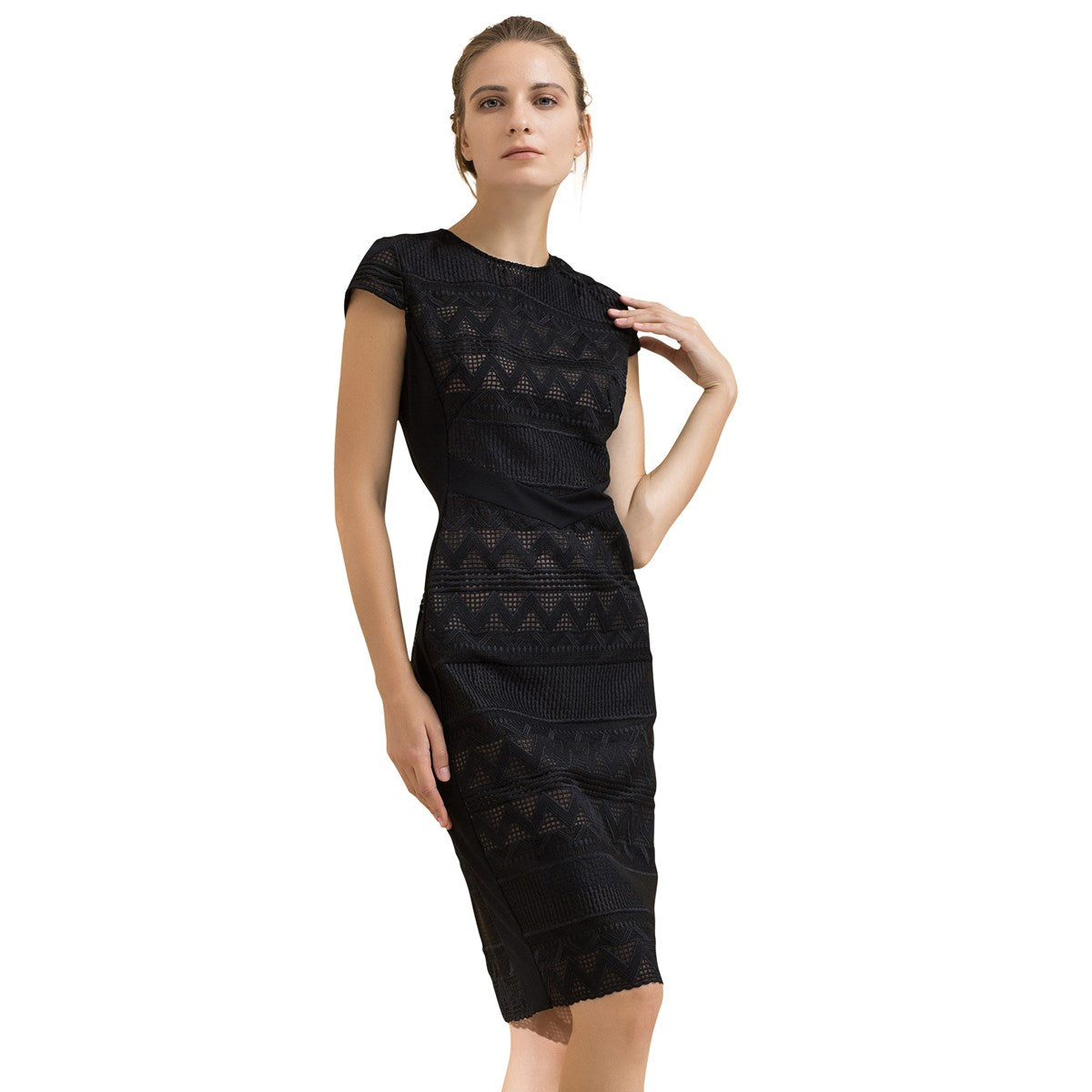 Robe mi-longue ajustée dentelle et maille