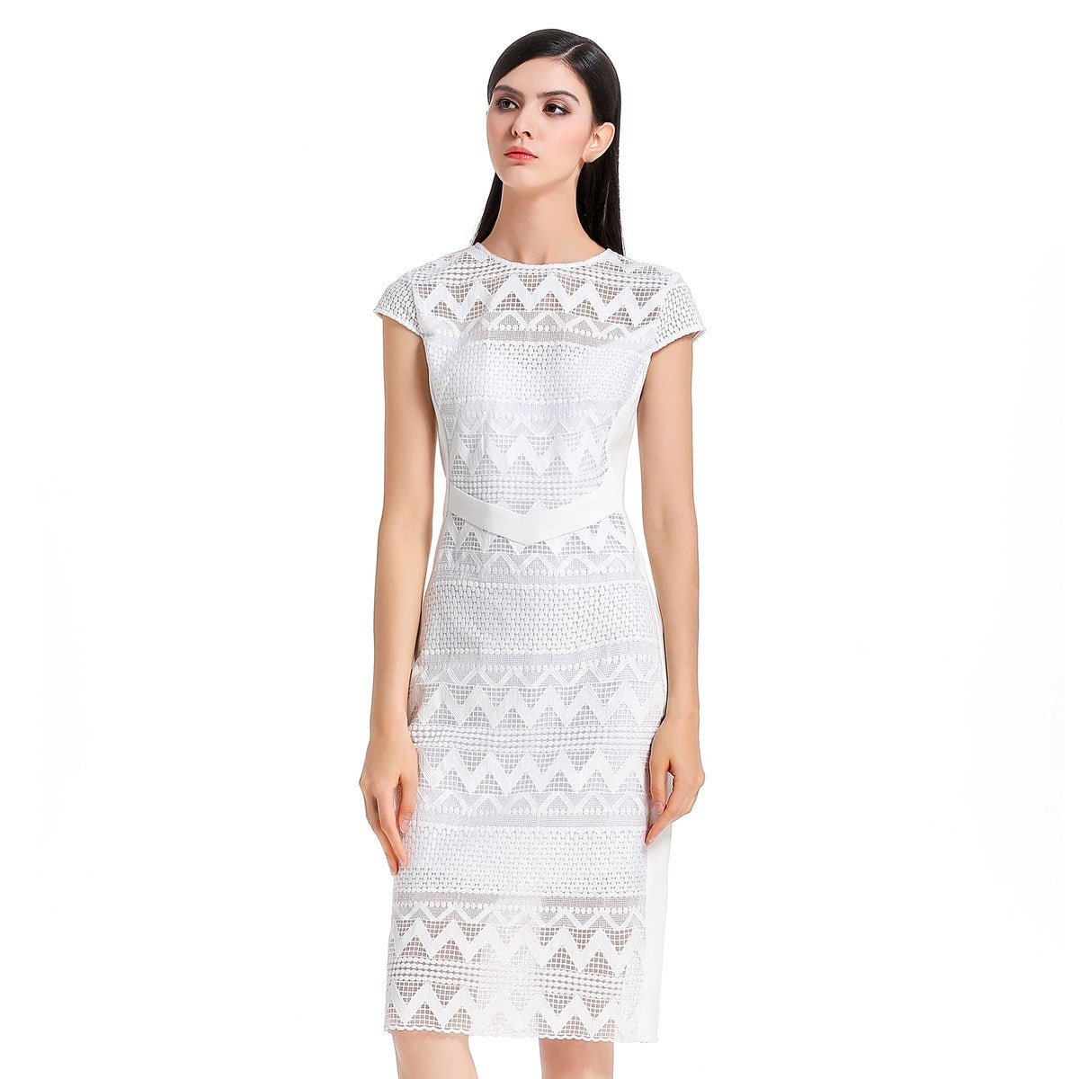 Robe mi-longue ajustée dentelle et maille