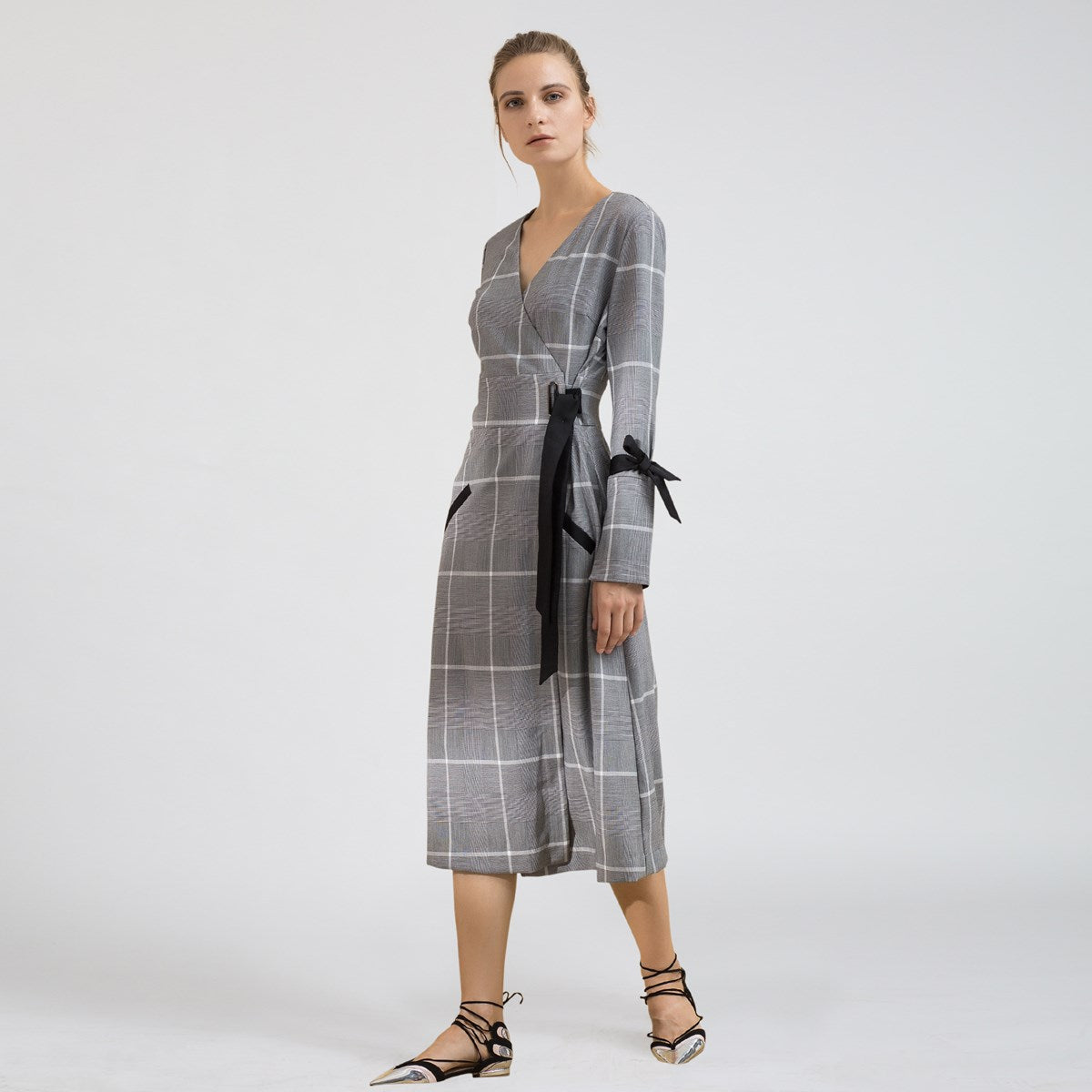 Robe portefeuille midi à motif tartan
