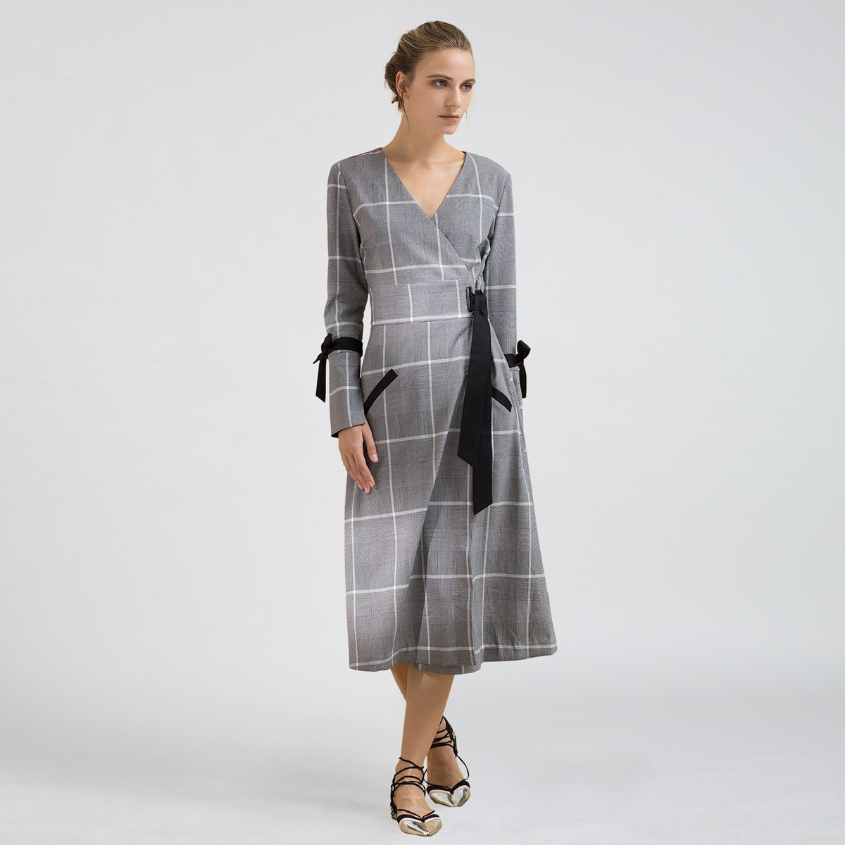 Robe portefeuille midi à motif tartan
