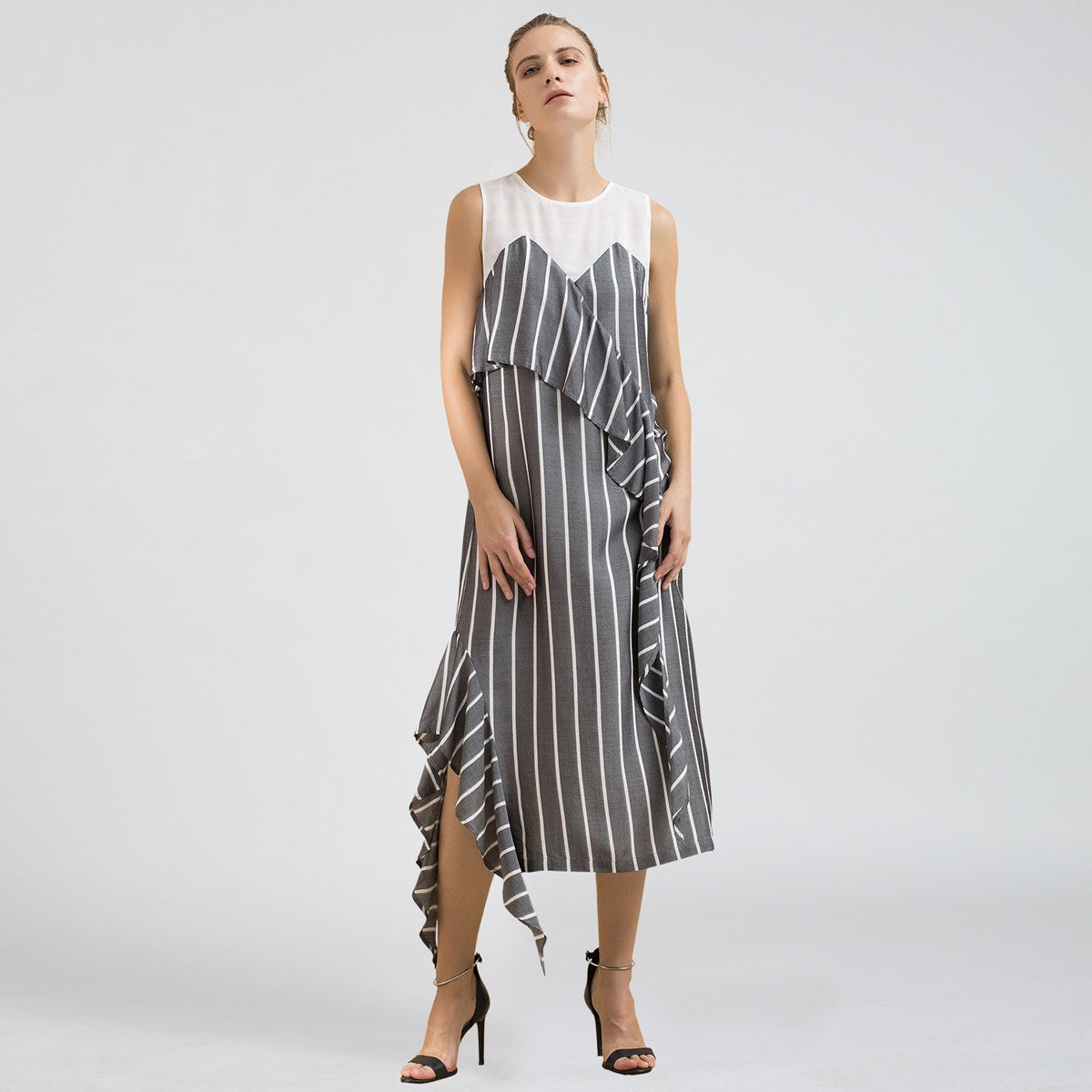 Robe midi asymétrique à rayures bi-matière