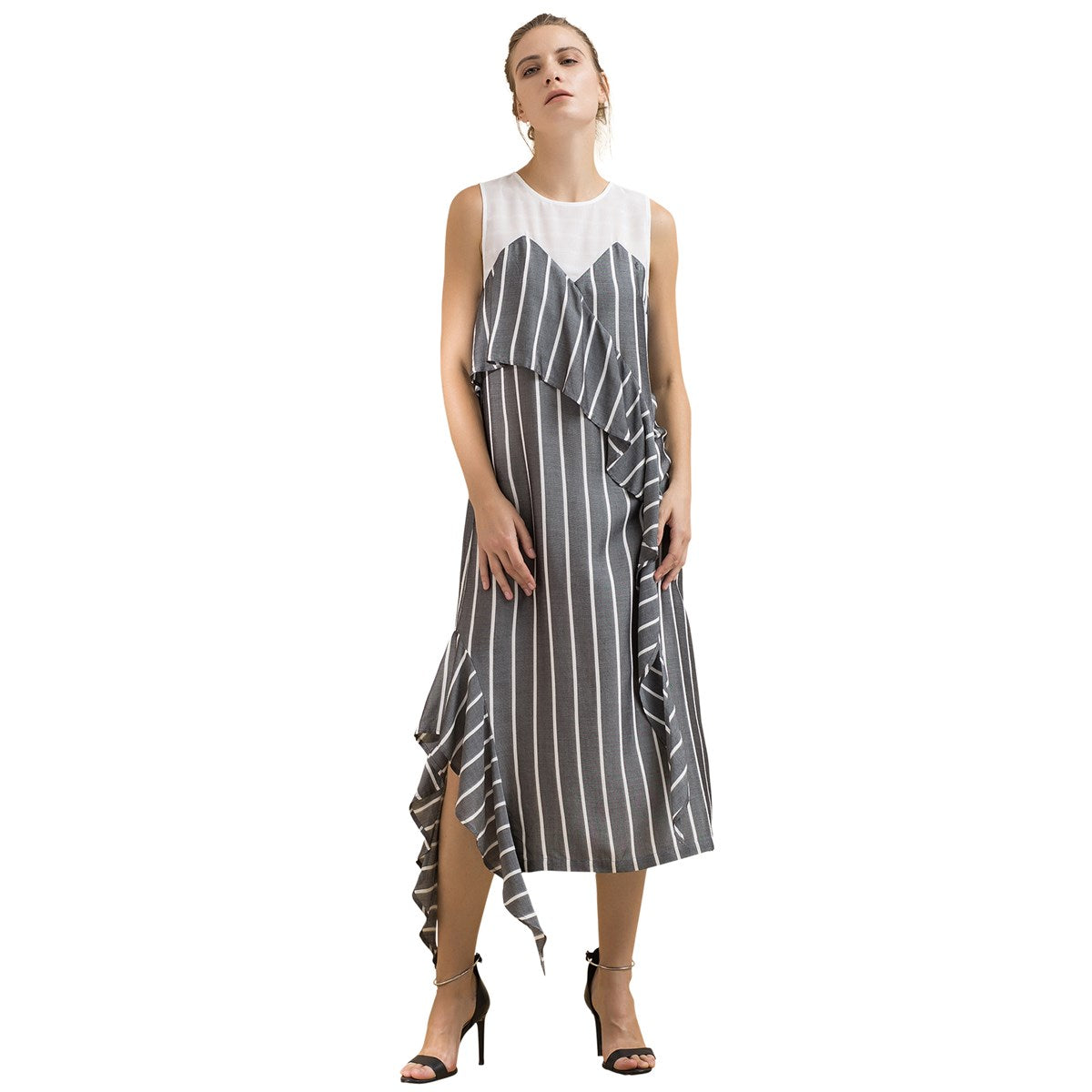 Robe midi asymétrique à rayures bi-matière