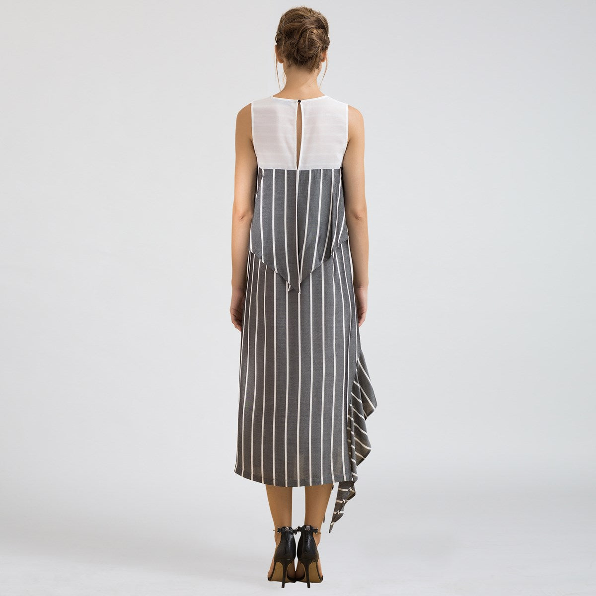 Robe midi asymétrique à rayures bi-matière