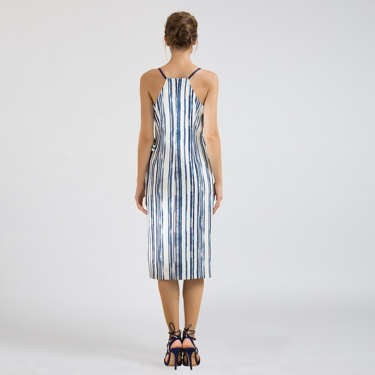 Robe fendue mi-longue effet cache-coeur à imprimé rayures