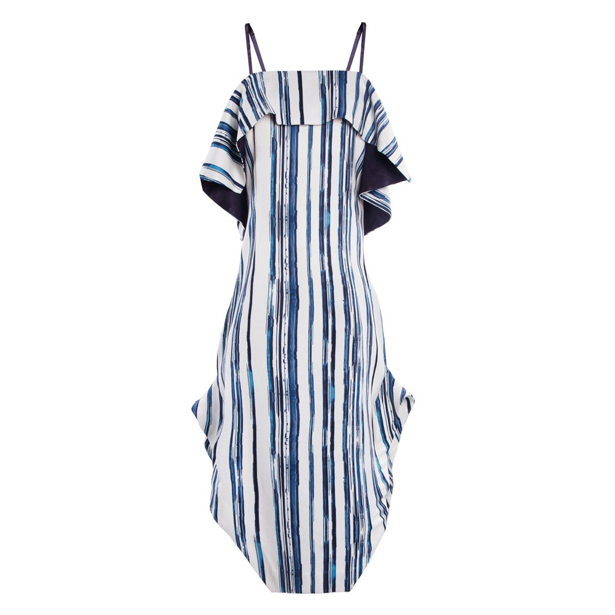 Robe mi-longue à fine bretelle et volant et à imprimé rayures