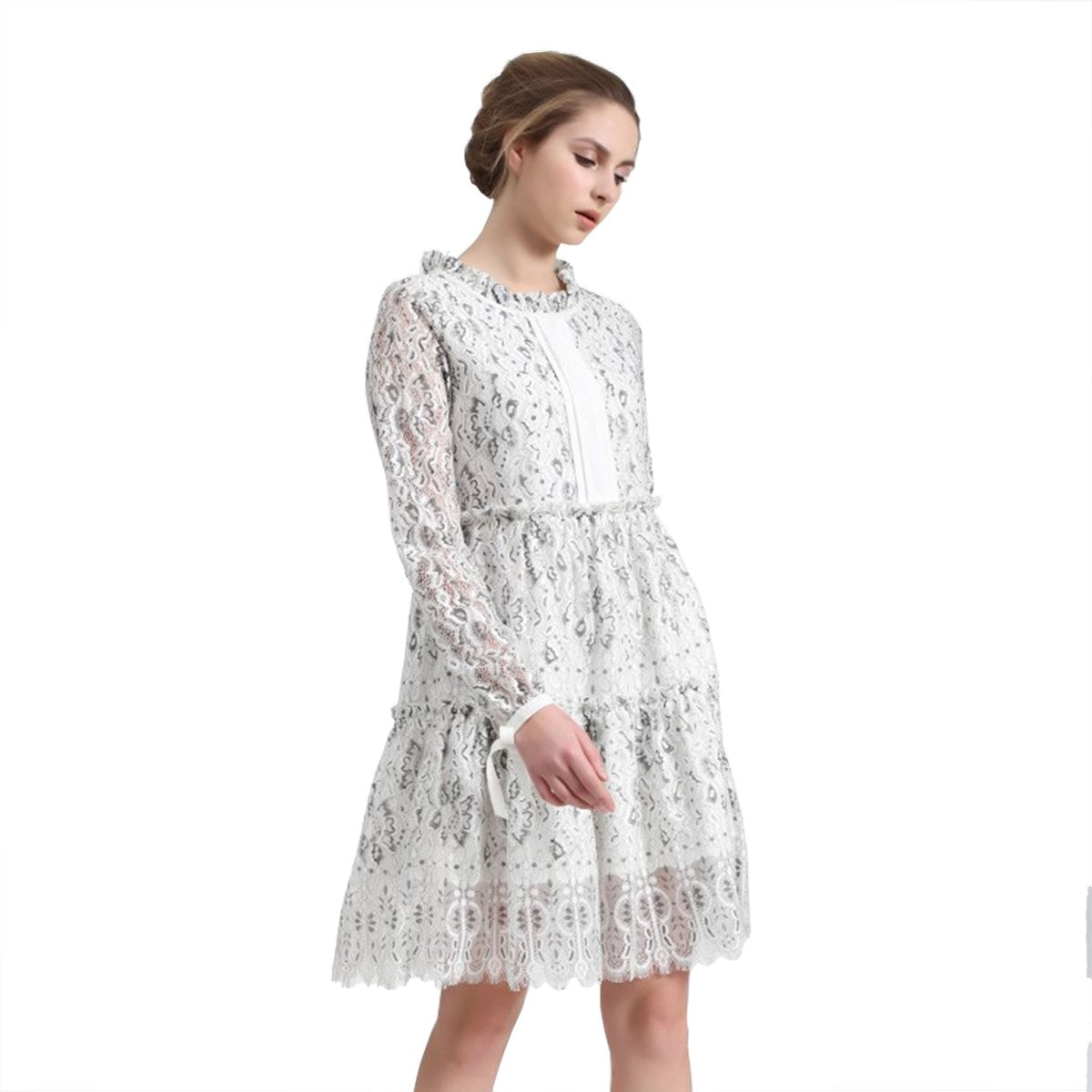 Robe tunique dentelle ligne-A manches longues