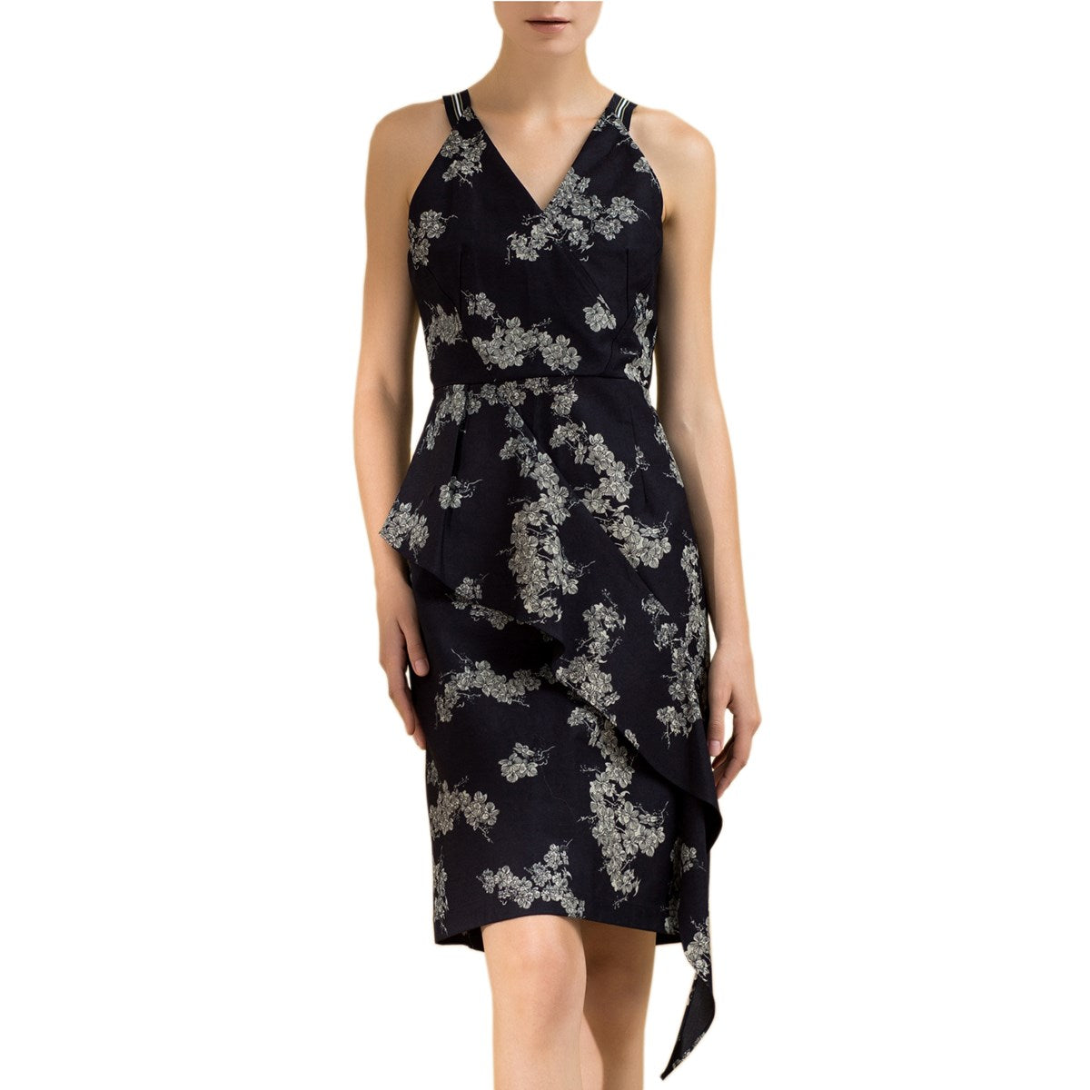 Robe ajustée mi-longue au motif floral en denim