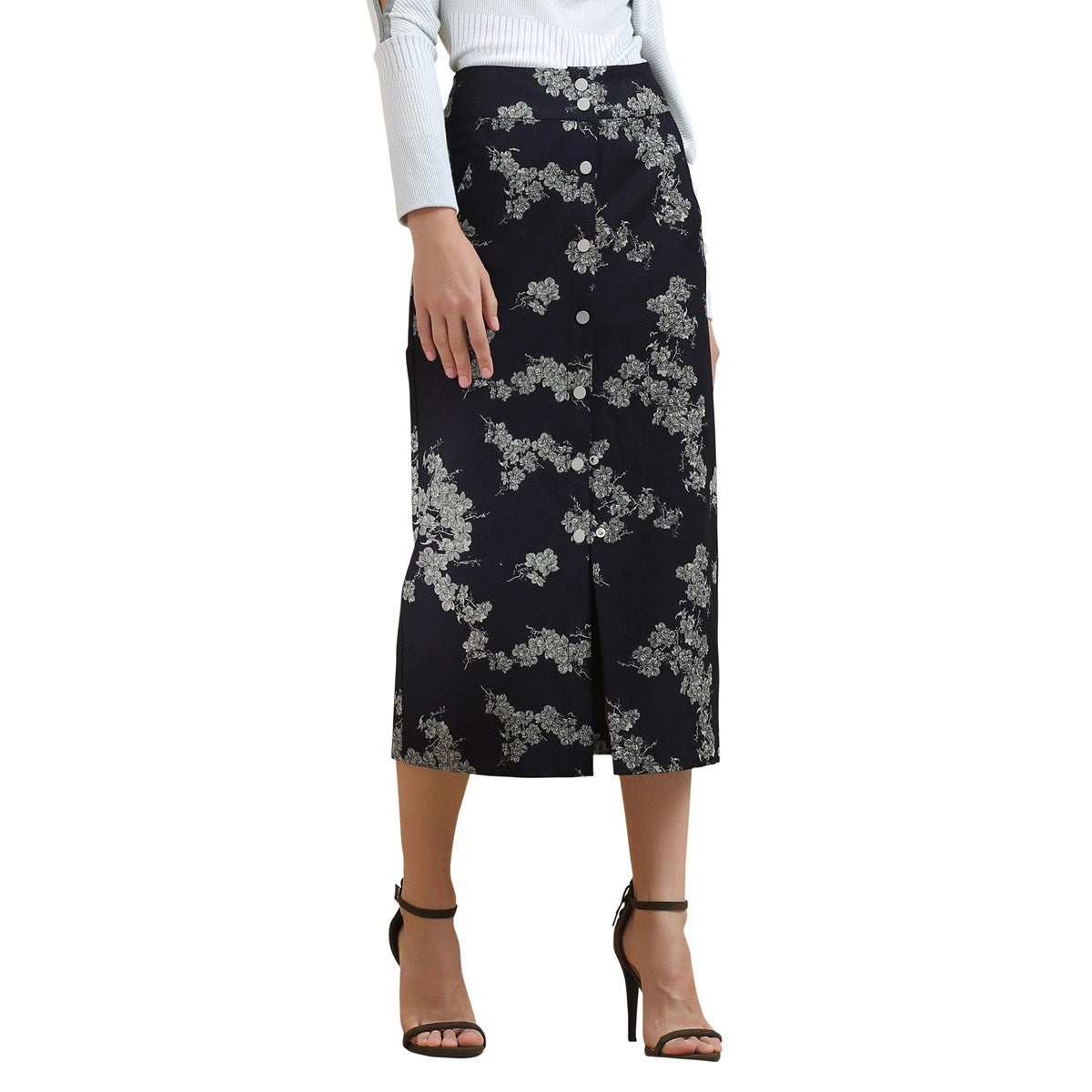 Jupe droite midi au motif floral en denim