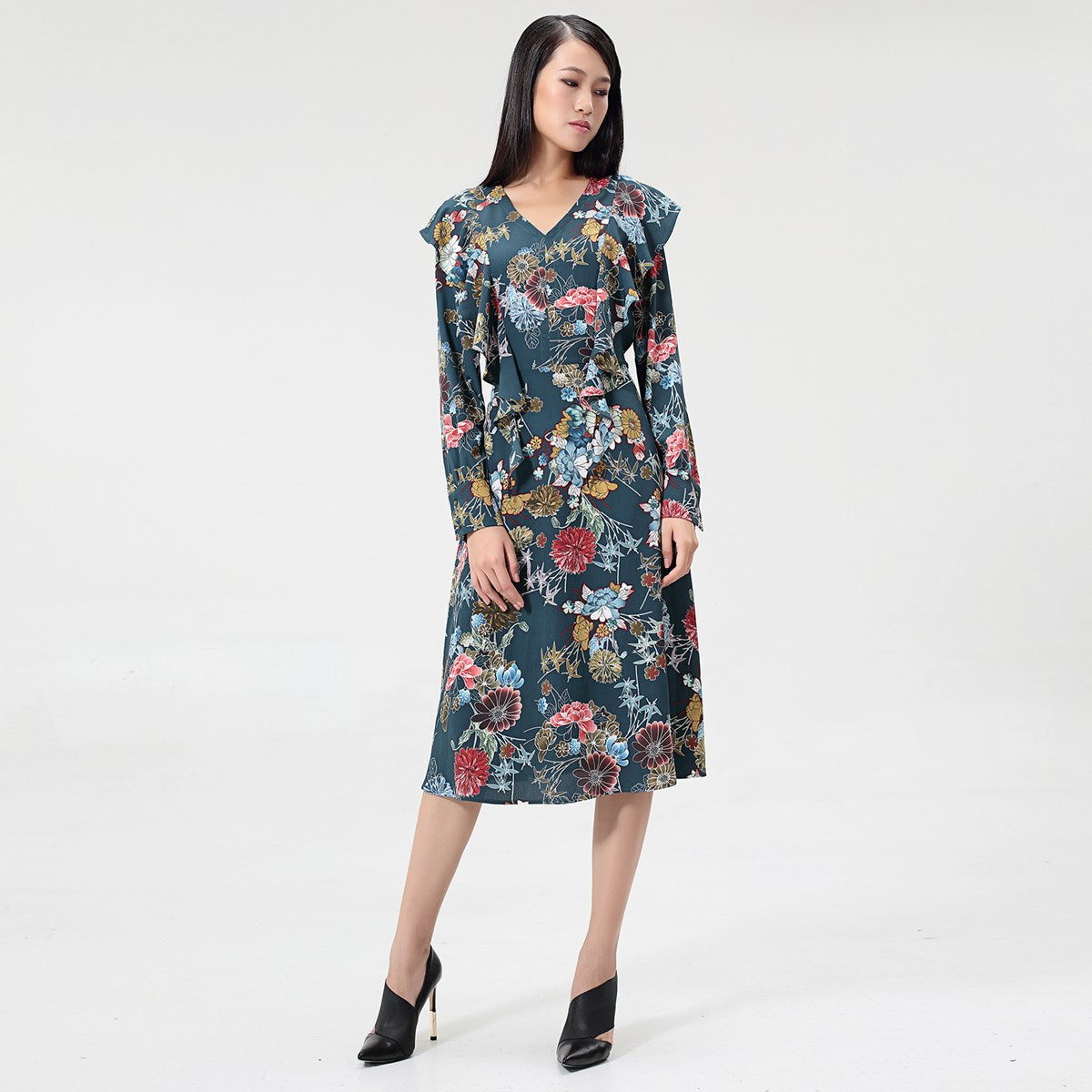 Robe Bohème midi à volants et imprimé floral