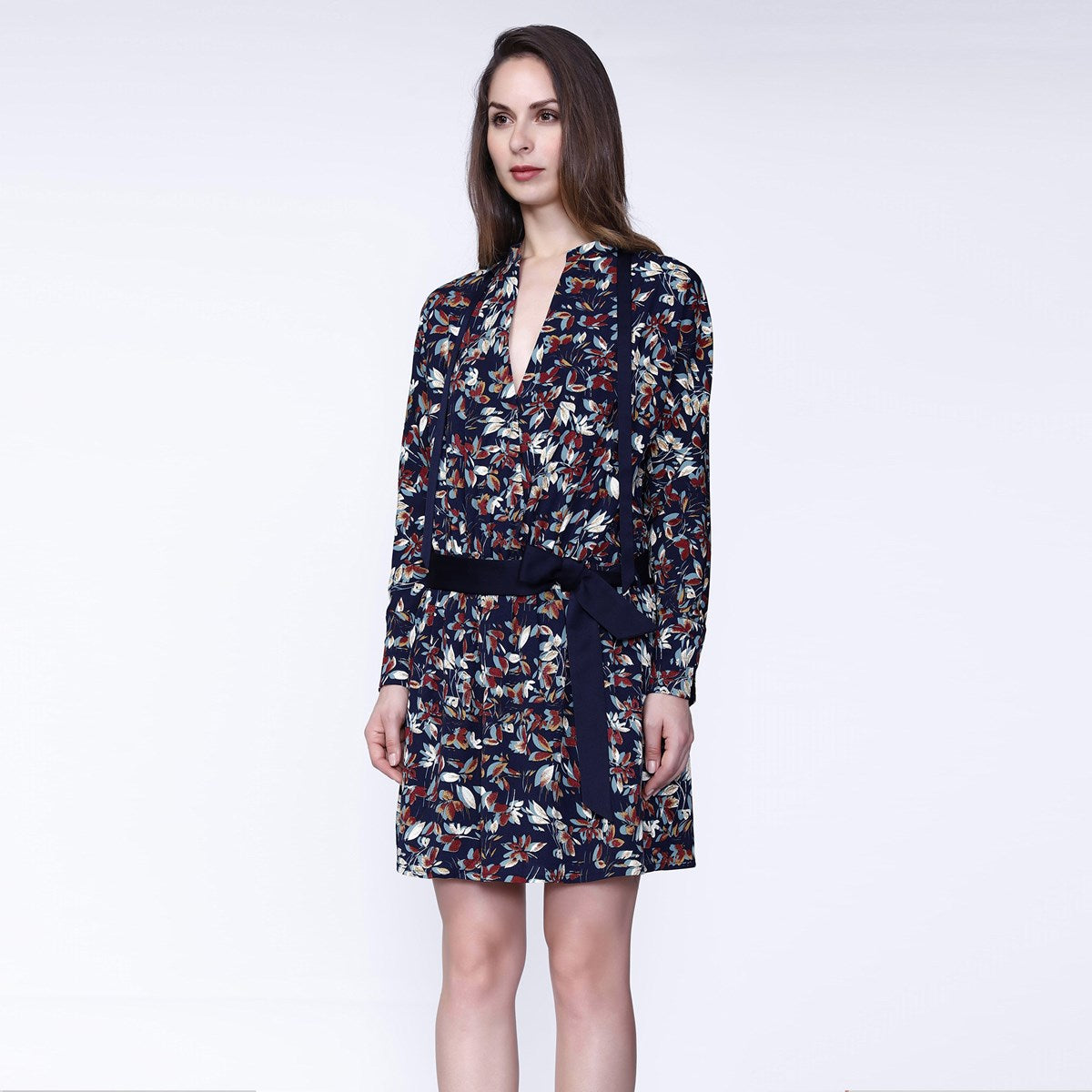 Robe-Tunique col satin et imprimé feuilles