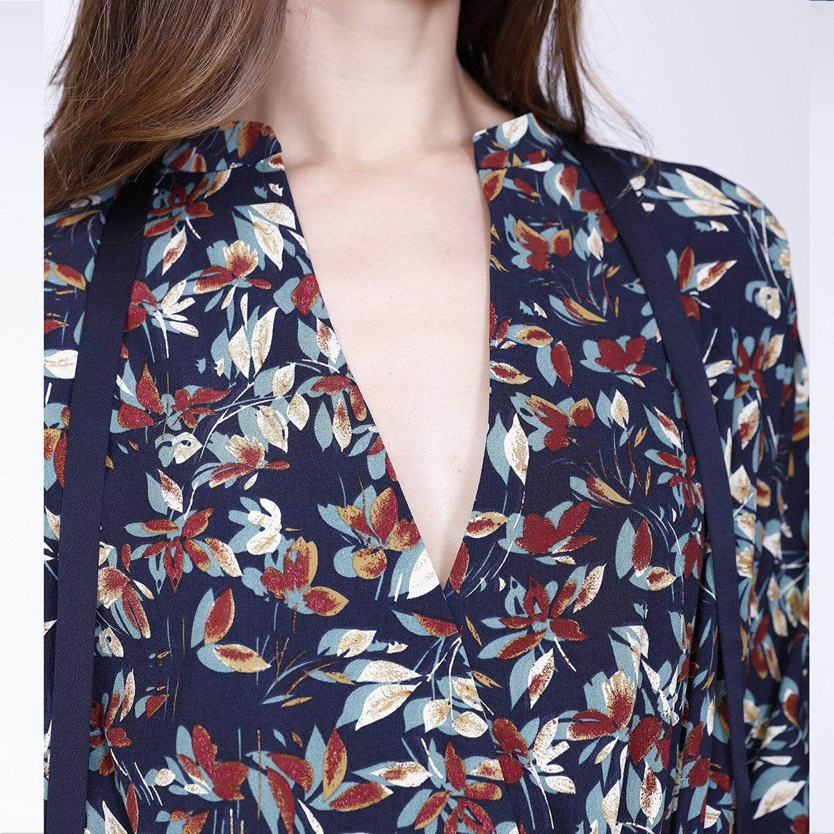 Robe-Tunique col satin et imprimé feuilles