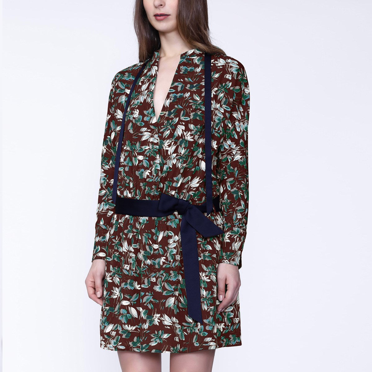 Robe-Tunique col satin et imprimé feuilles