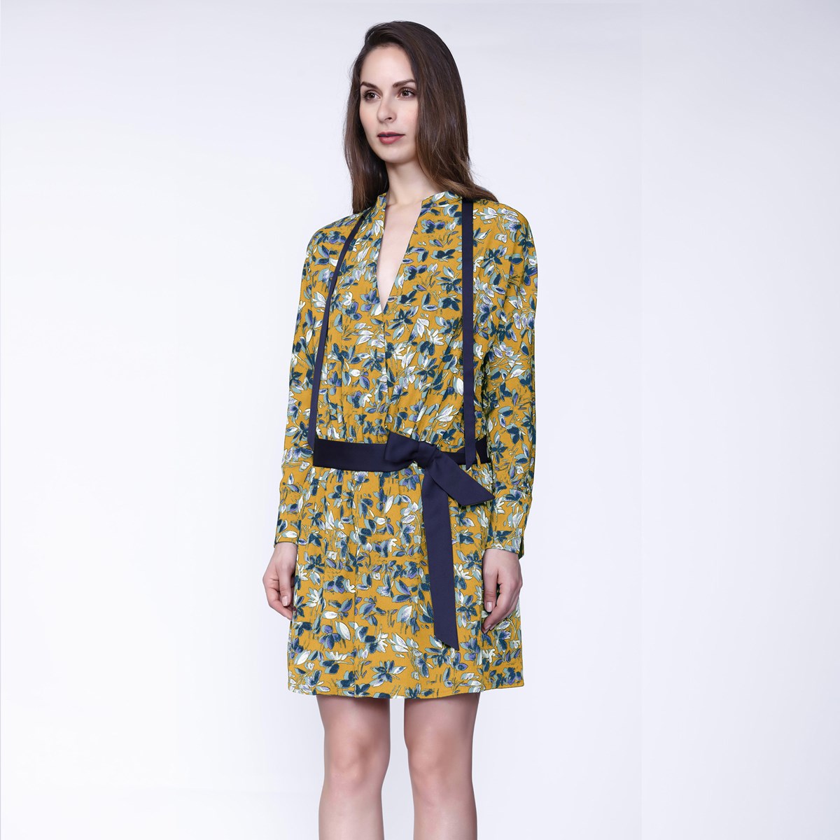 Robe-Tunique col satin et imprimé feuilles