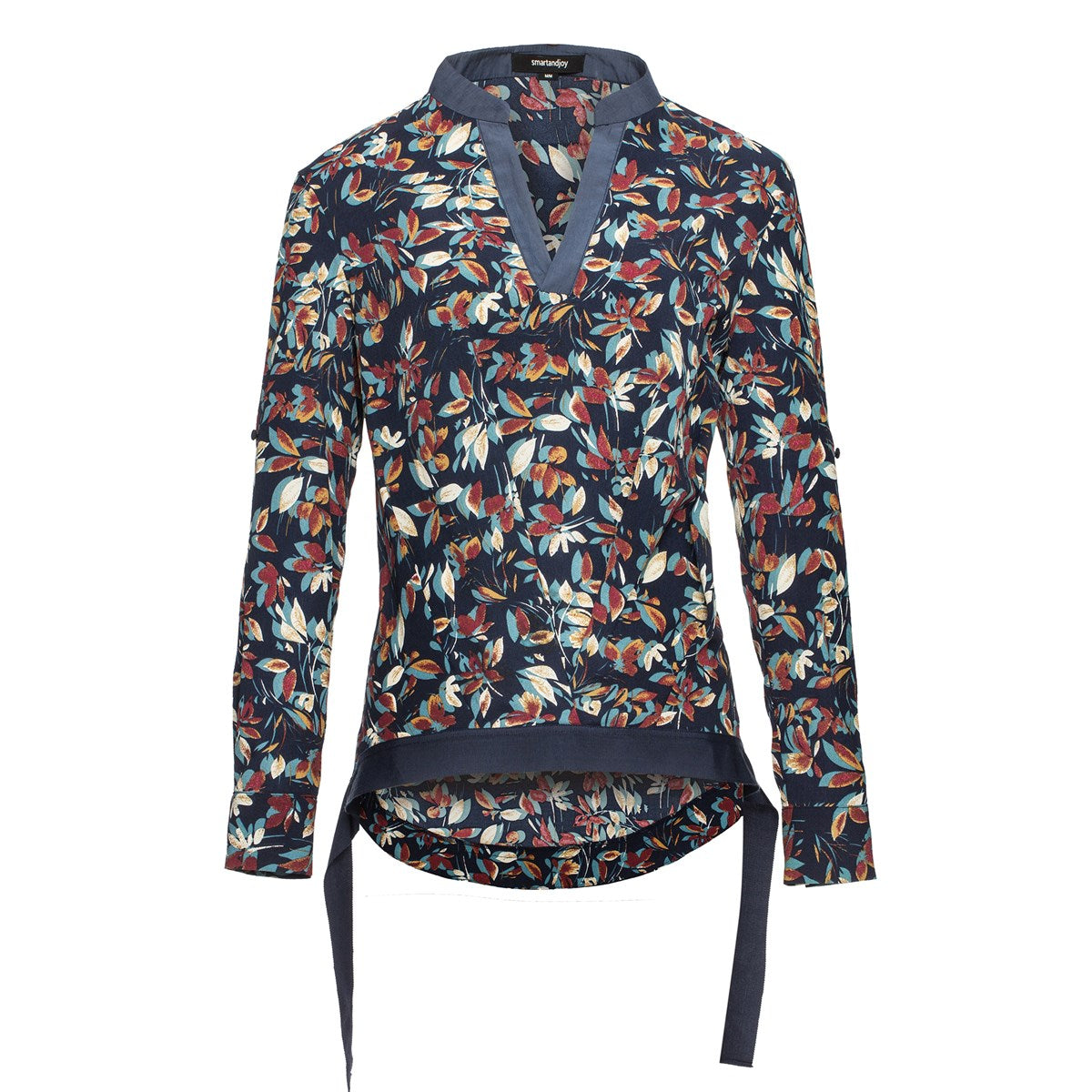 Blouse col-V satin et imprimé feuilles