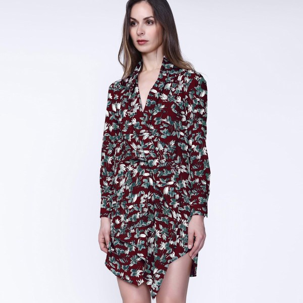 Robe courte effet drapé devant à imprimé feuilles