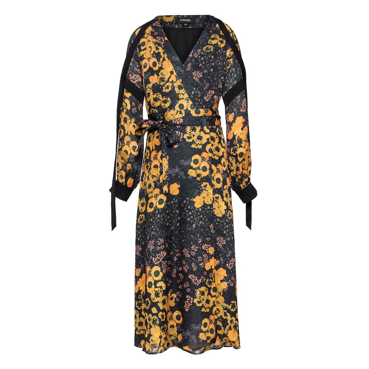Robe portefeuille garnitures satin et imprimé floral