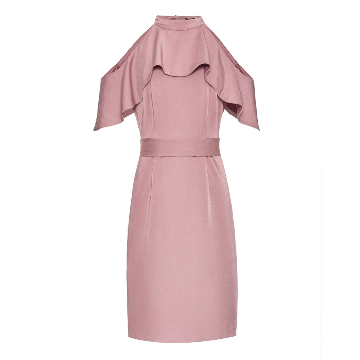 Robe ajustée à larges volants, col haut et épaules dénudées