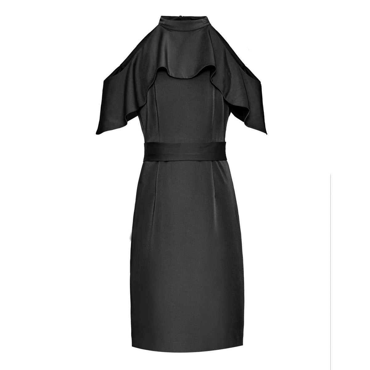 Robe ajustée à larges volants, col haut et épaules dénudées