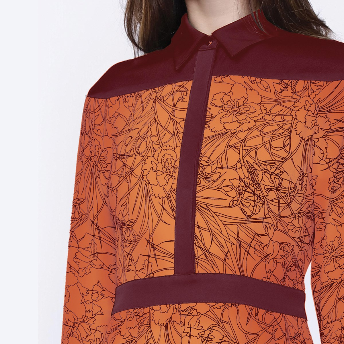Robe-Chemise bi-matière à imprimé floral linéaire