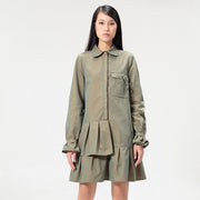 Robe-Chemise style  safari à basques plissées et manches longues