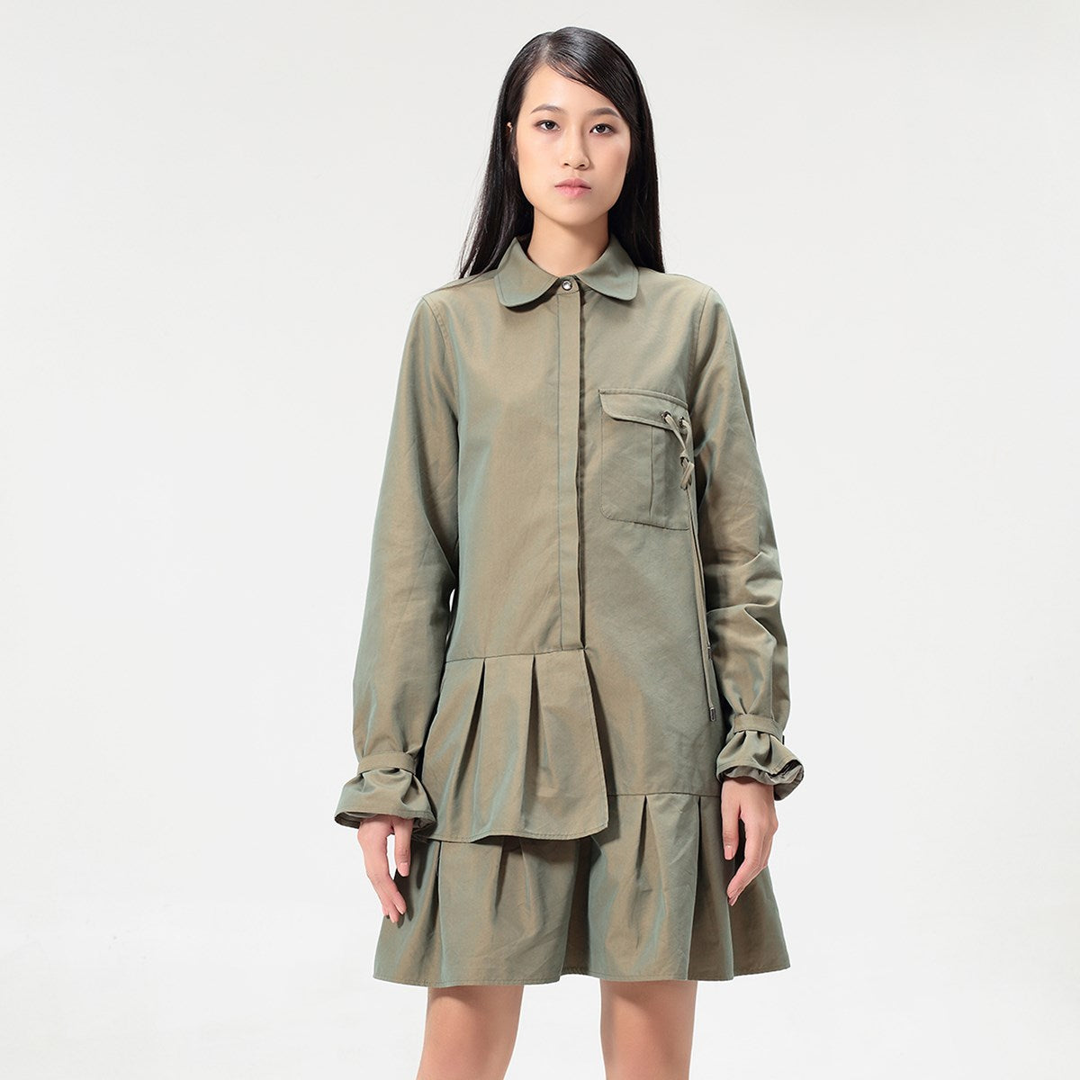 Robe-Chemise style  safari à basques plissées et manches longues