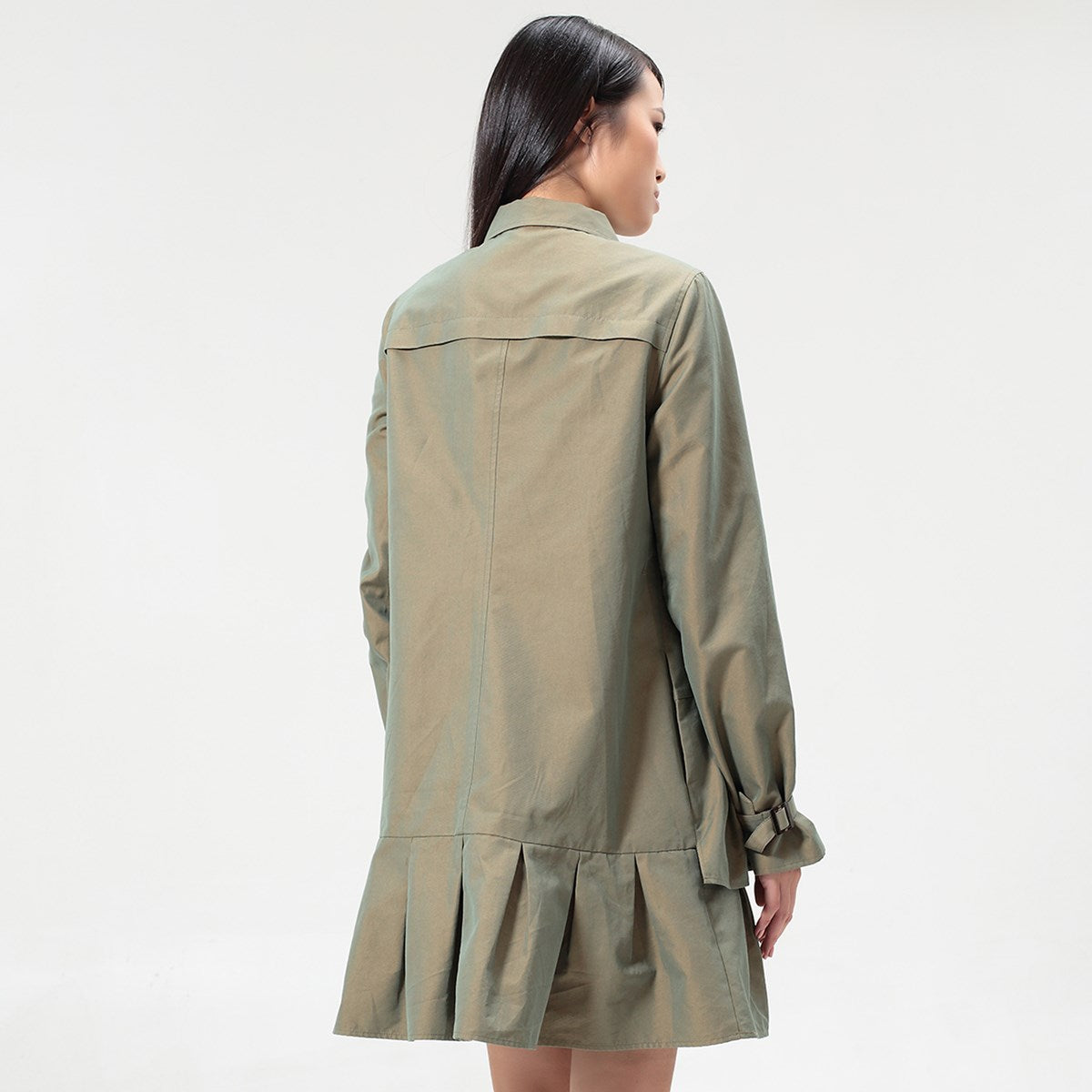 Robe-Chemise style  safari à basques plissées et manches longues
