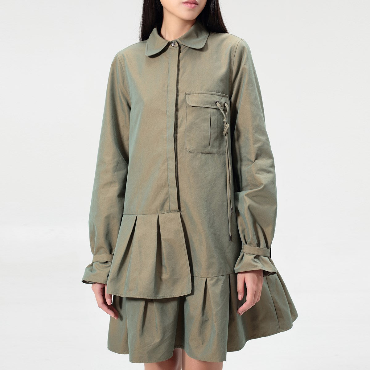 Robe-Chemise style  safari à basques plissées et manches longues
